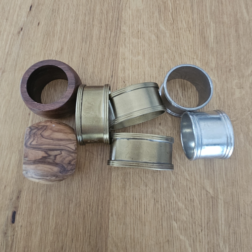 Napkin Rings Mixed Metal and Wood - Brass, Pewter, Wood